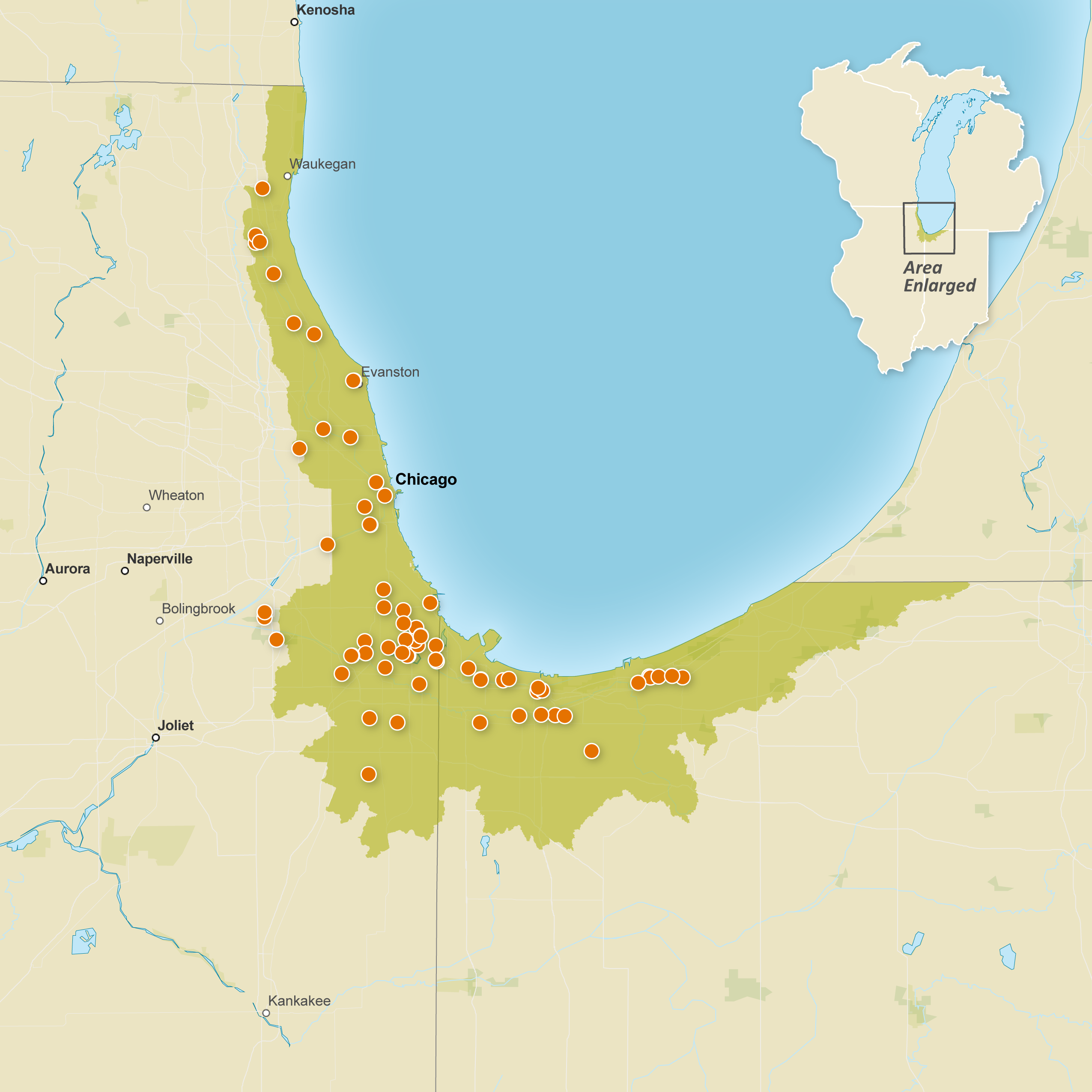 Map of the Chicago metropolitan area and surrounding regions with orange dots marking specific locations of interest. Major cities including Chicago, Evanston, Waukegan, Aurora, Naperville, Joliet, and Kenosha are labeled. Lake Michigan is prominently featured to the east, and an inset in the upper right corner shows a zoomed-out view of the Great Lakes region highlighting Lake Michigan.