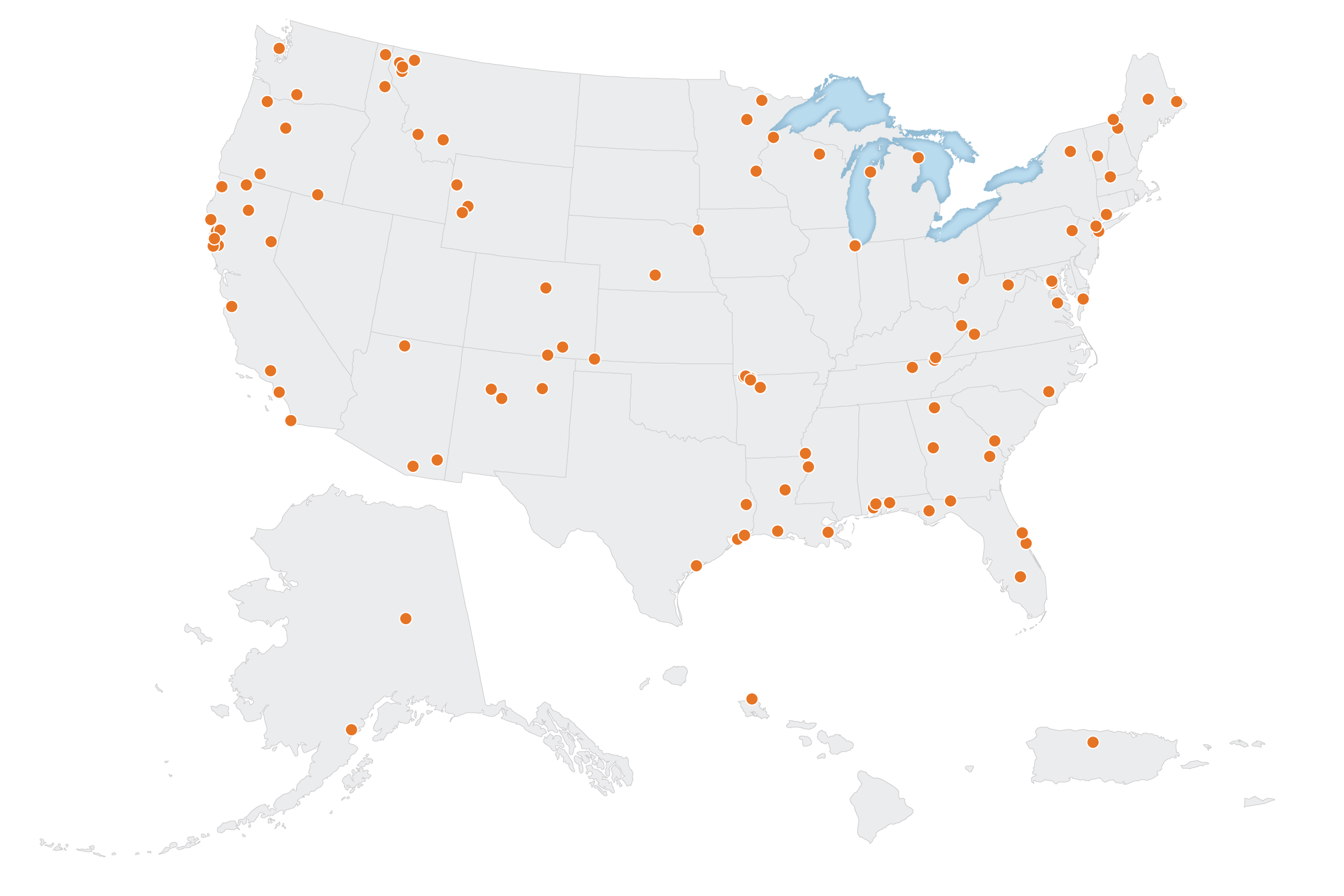A map of the United States with locations of past Acres for America projects highlighted with orange dots.
