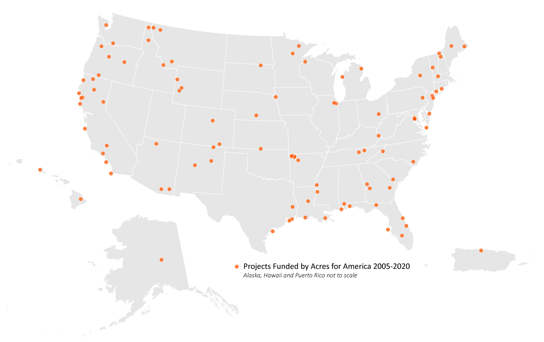 Map of Acres for America projects (2005-2020)