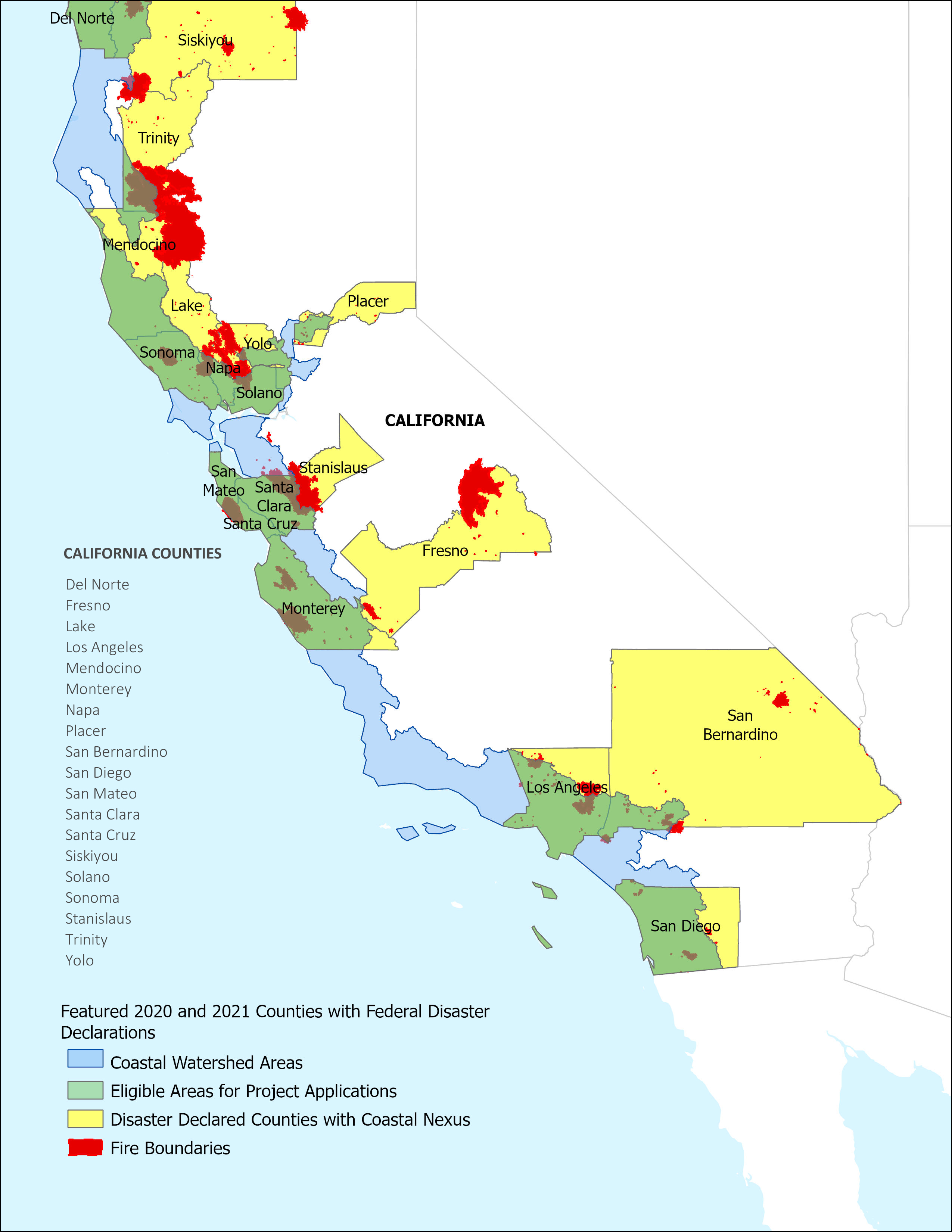 Map of California showing counties eligible for funding under this RFP