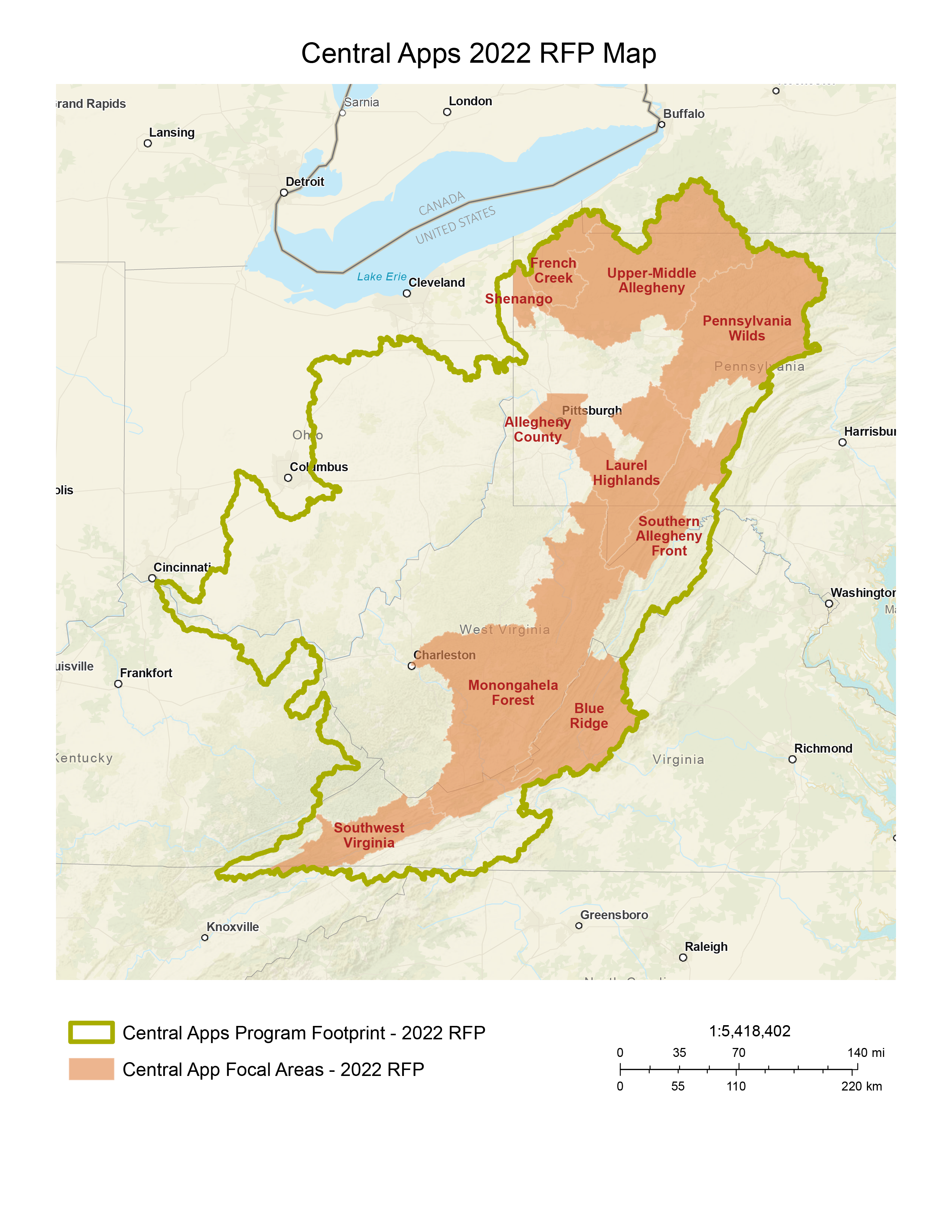 Map of the areas included within the Central Appalachia 2022 RFP, with focal areas highlighted in orange. Please email John.Wright@nfwf.org for any questions about what areas are included.