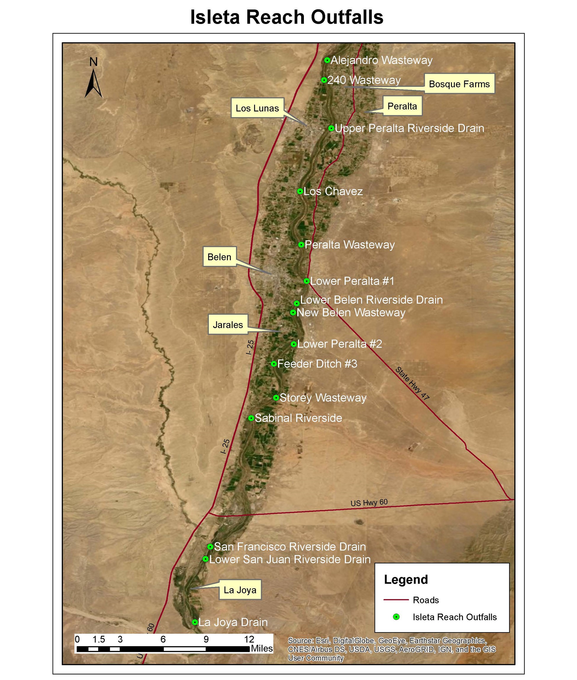 Figure 1. The San Francisco Riverside Drain Outfall is located in the southern portion of the Isleta Reach of the Middle Rio Grande. It is on the west side of the river, just upstream of the Rio Puerco- Rio Grande confluence.