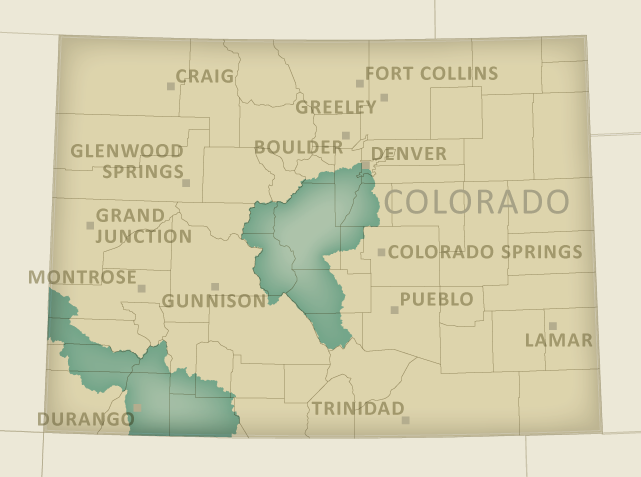 Forest habitat priority watersheds in Colorado.