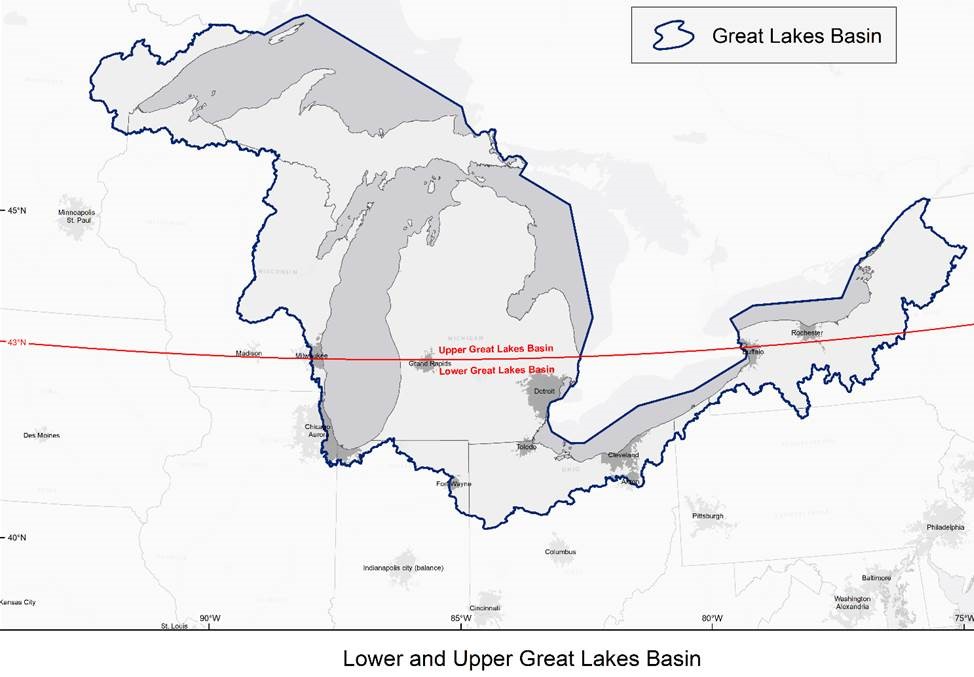 Map of upper and lower Great Lakes basin
