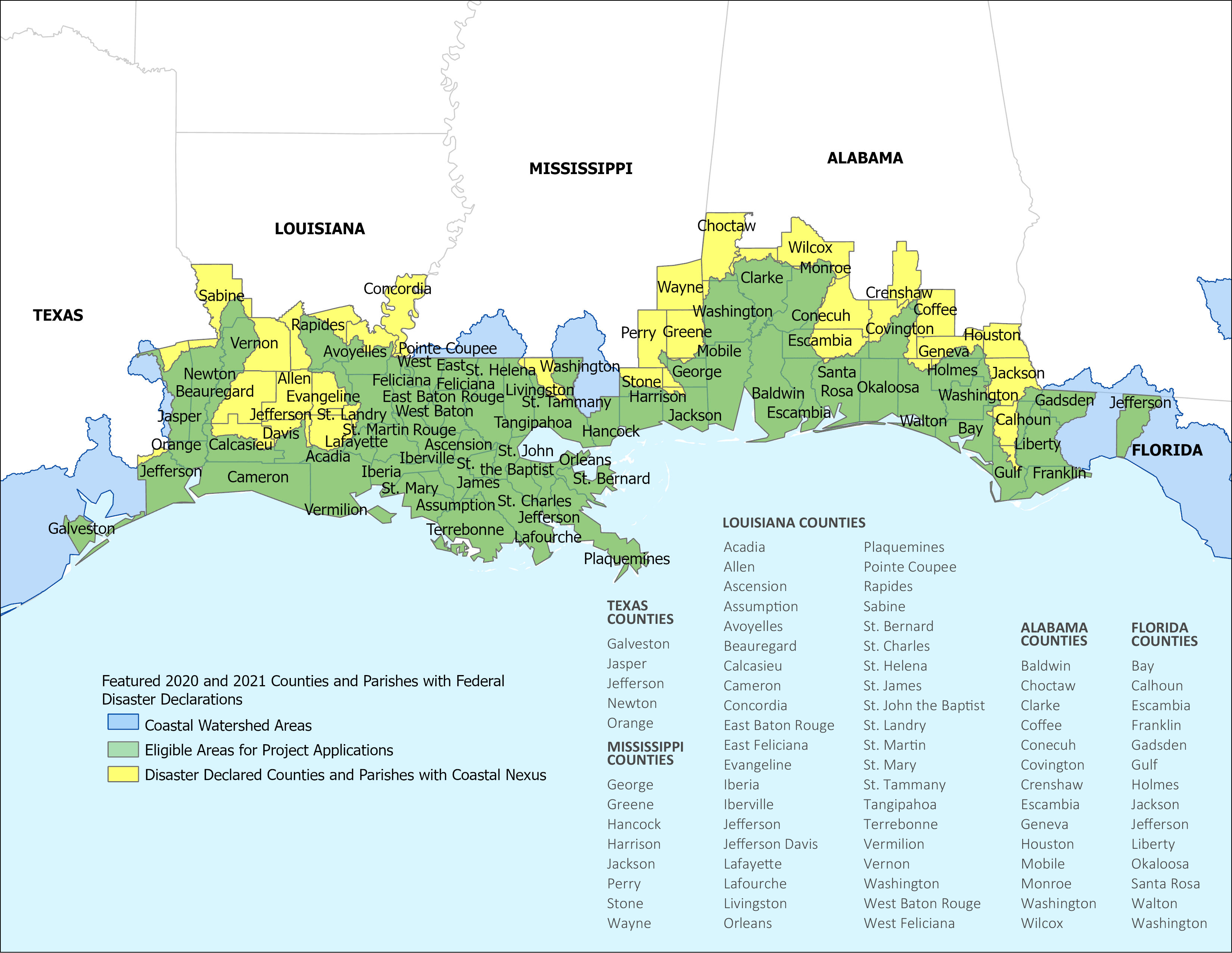 Map of the gulf coast showing counties eligible for funding under this RFP