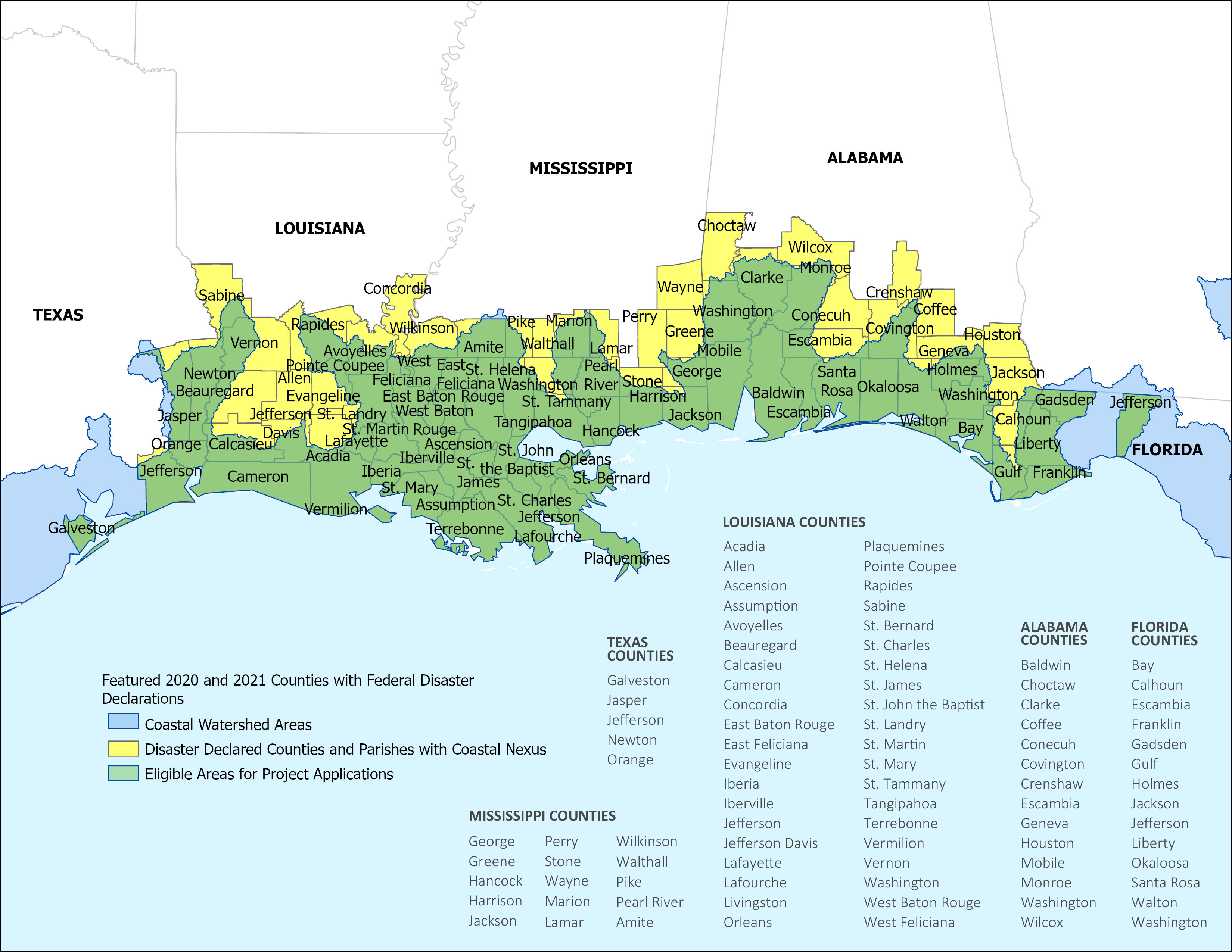Map of the gulf coast showing counties eligible for funding under this RFP