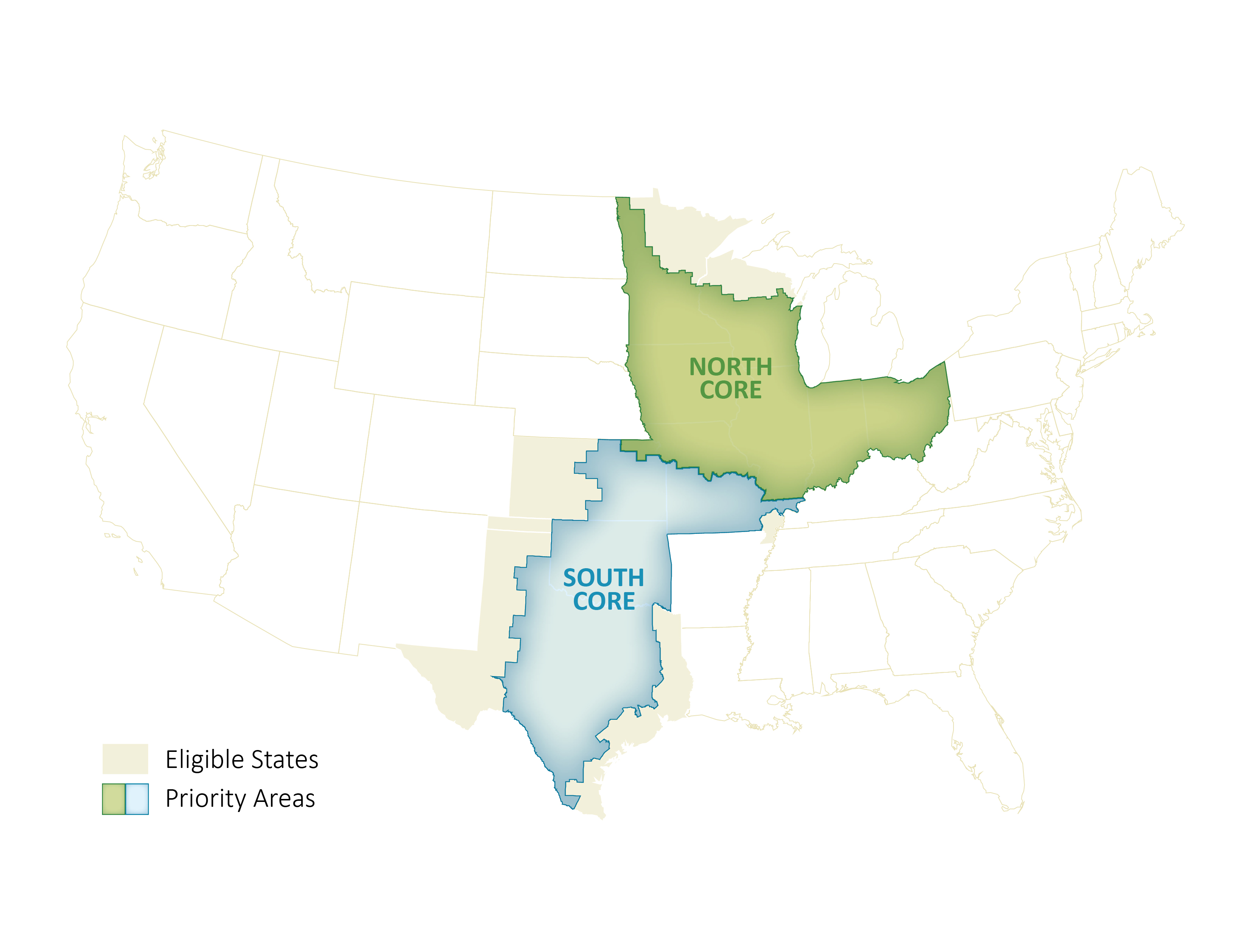 Figure 1 (Below). Technical Assistance Focal Geographies. These focal geographies include partial Monarch Conservation Units defined by the U.S. Fish and Wildlife Service. They represent priority, but not exclusive, areas for NFWF investments in monarch conservation through the category “Technical Assistance for Private Working Lands.”
