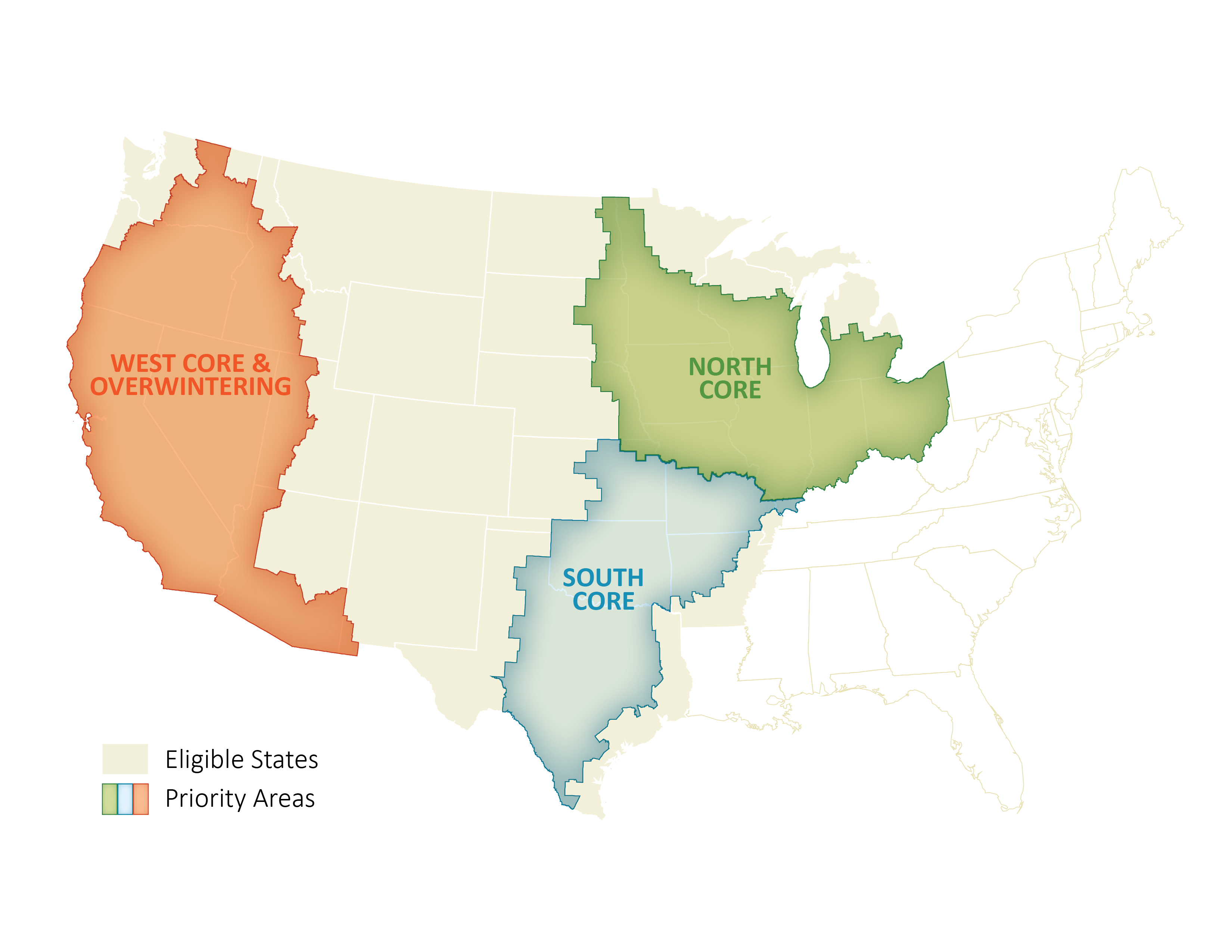 Figure 2 (Above). Habitat Improvement Focal Geographies. These focal geographies include partial Monarch Conservation Units defined by the U.S. Fish and Wildlife Service. They represent priority, but not exclusive, areas for NFWF investments in monarch conservation through the category “Habitat Improvement.”