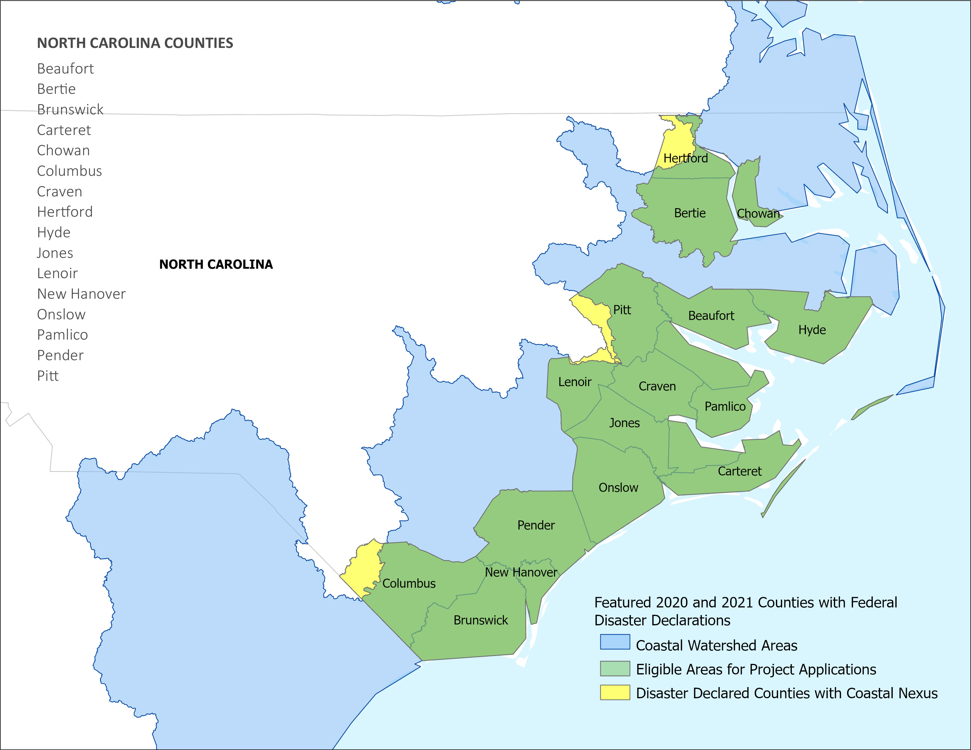 Map of the North Carolina showing counties eligible for funding under this RFP