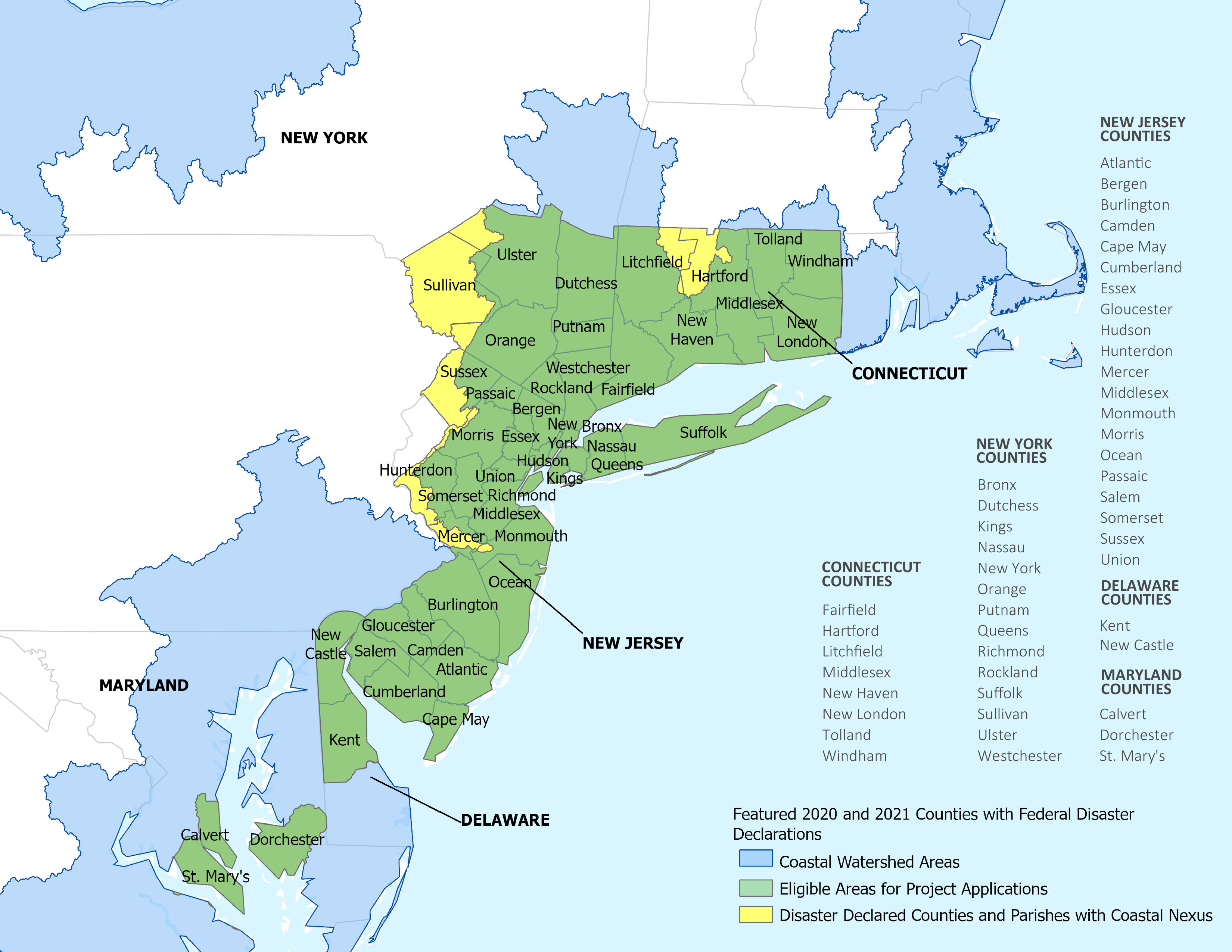 Map of the Northeast and Mid-Atlantic showing counties eligible for funding under this RFP