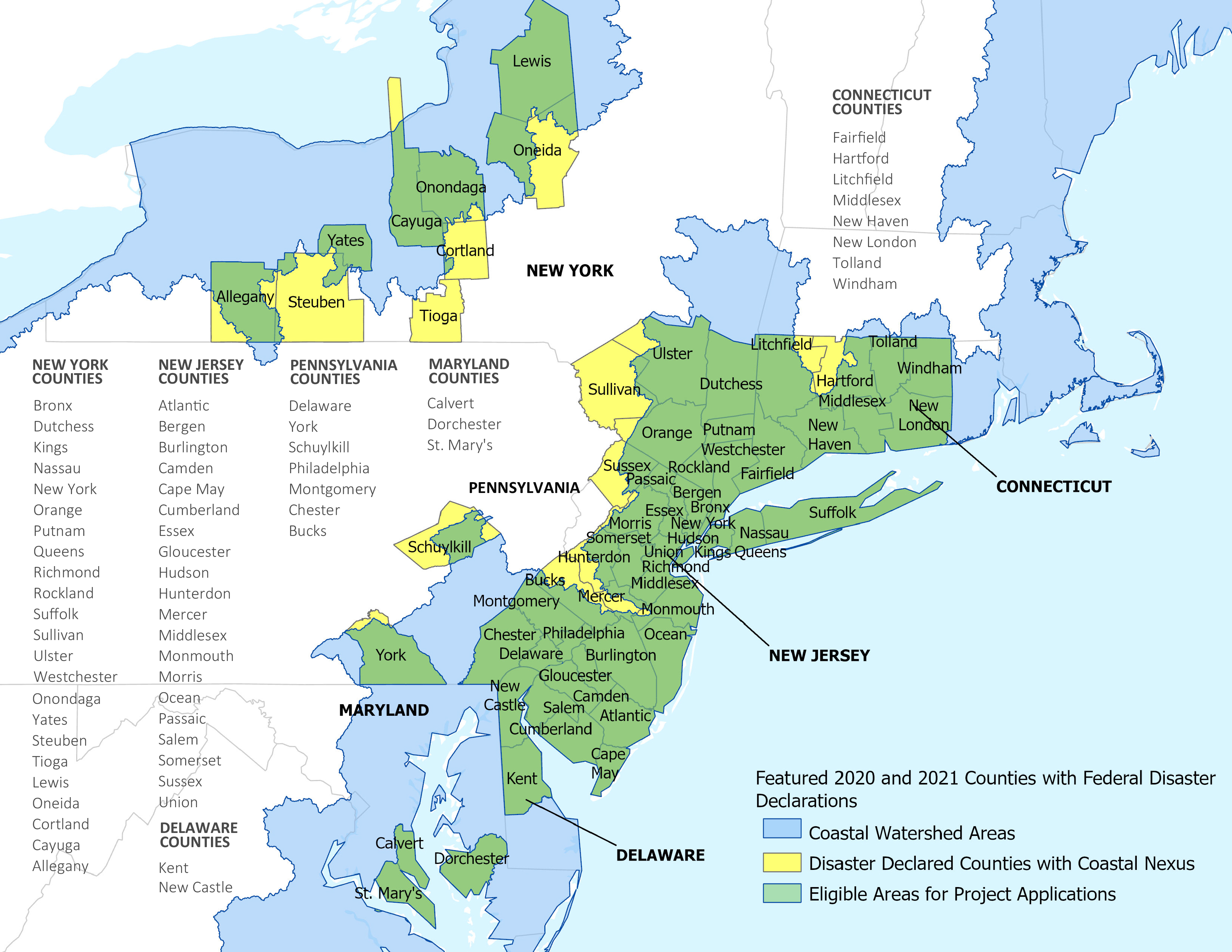 Map of the Northeast and Mid-Atlantic showing counties eligible for funding under this RFP