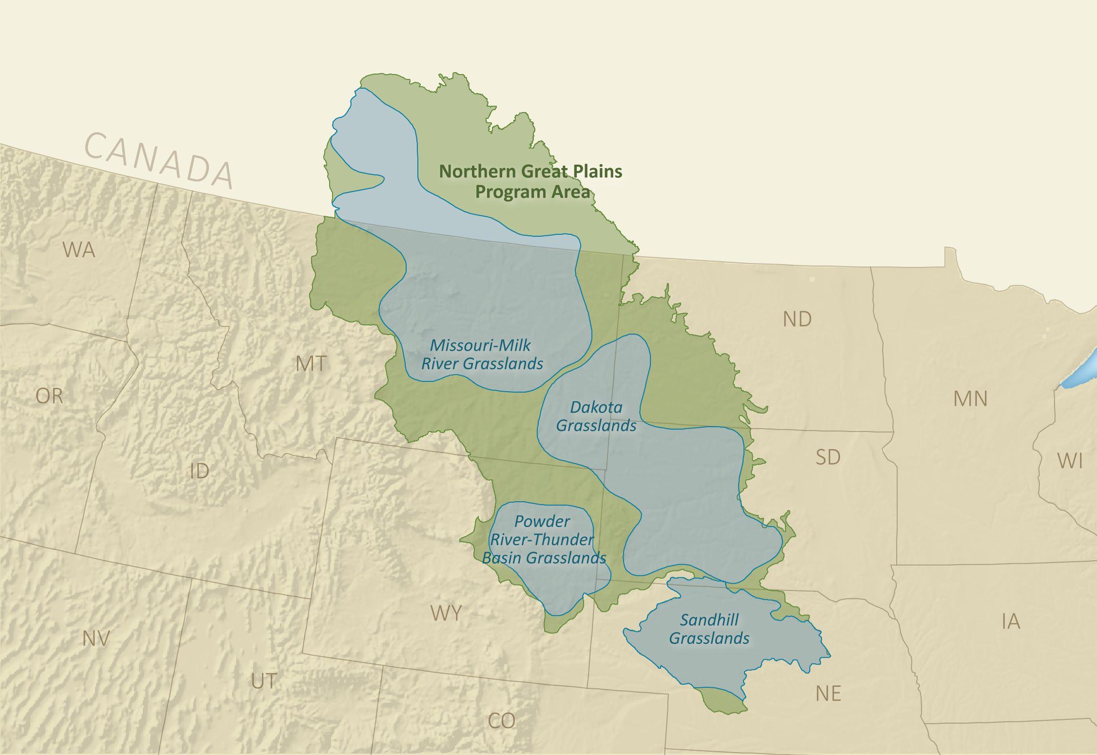 This image is a map of the Northern Great Plains region of the US and Canada with the Dakota Grasslands, Missouri-Milk River Grasslands, Nebraska Sandhills, and Powder River-Thunder Basin Grasslands focal areas highlighted