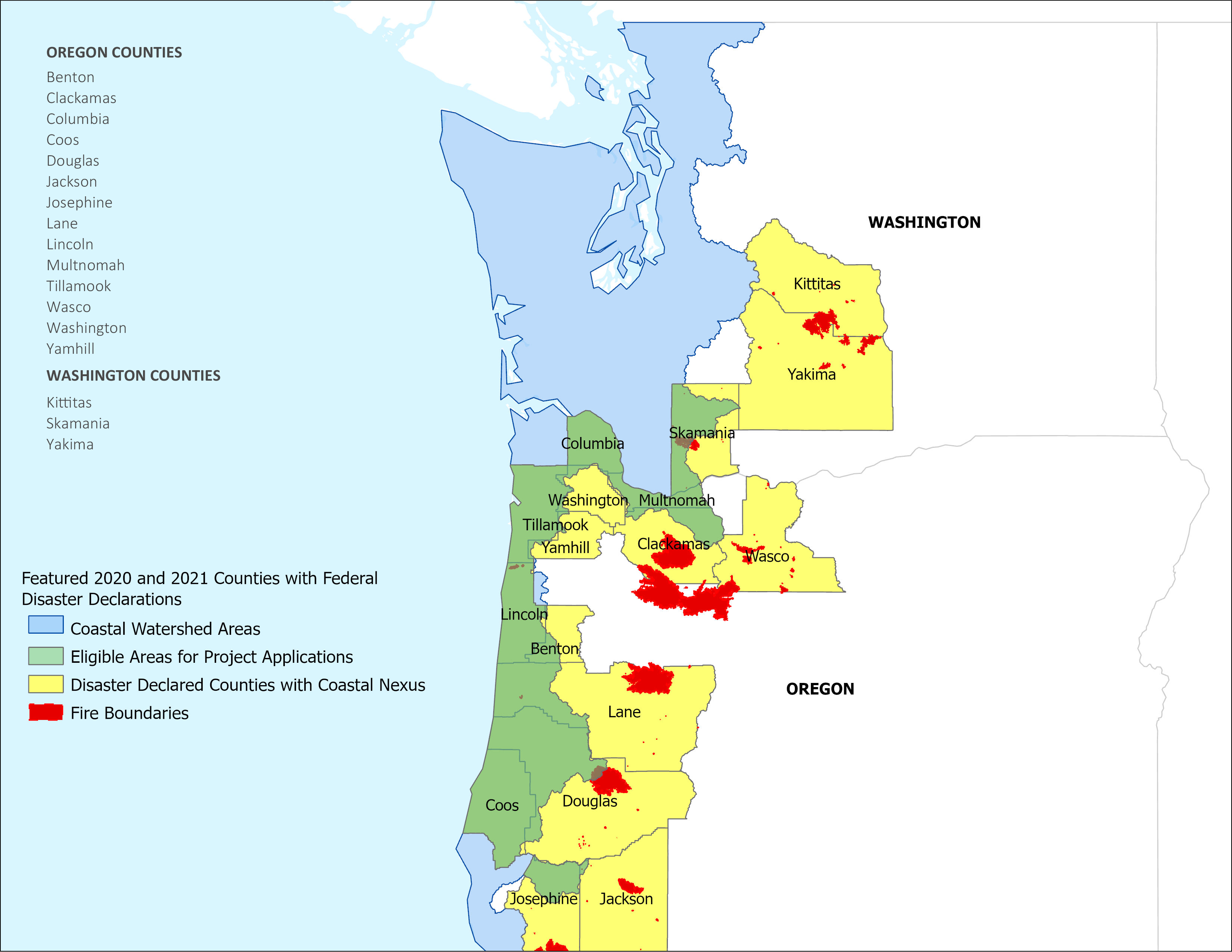 Map of the Pacific Northwest showing counties eligible for funding under this RFP