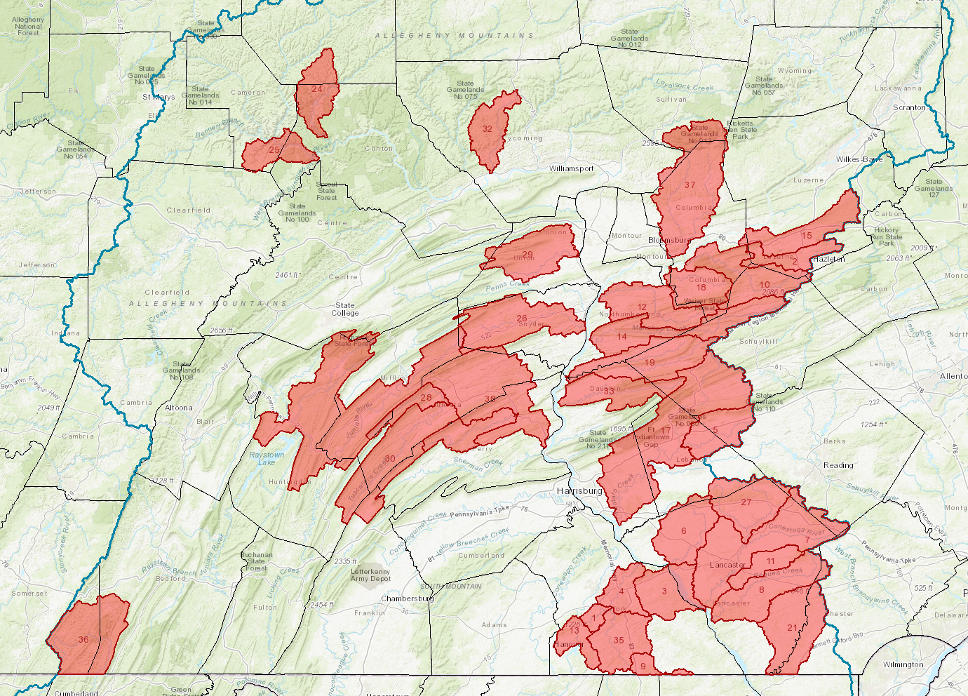 A map of the EPA's most effective basins in Pennsylvania. More information can be found by following the link provided in the text. If you have any issues accessing this link, please reach out to nicole.thompson@nfwf.org