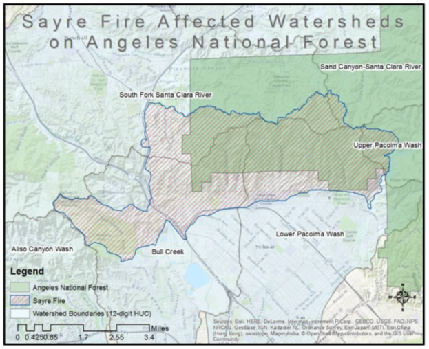 Map showing watersheds affected by the Sayre Fire