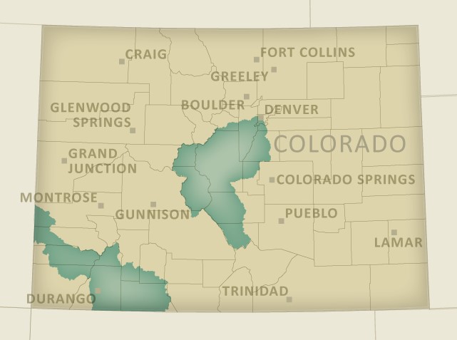 A map of Colorado state with two priority watersheds highlighted in blue.