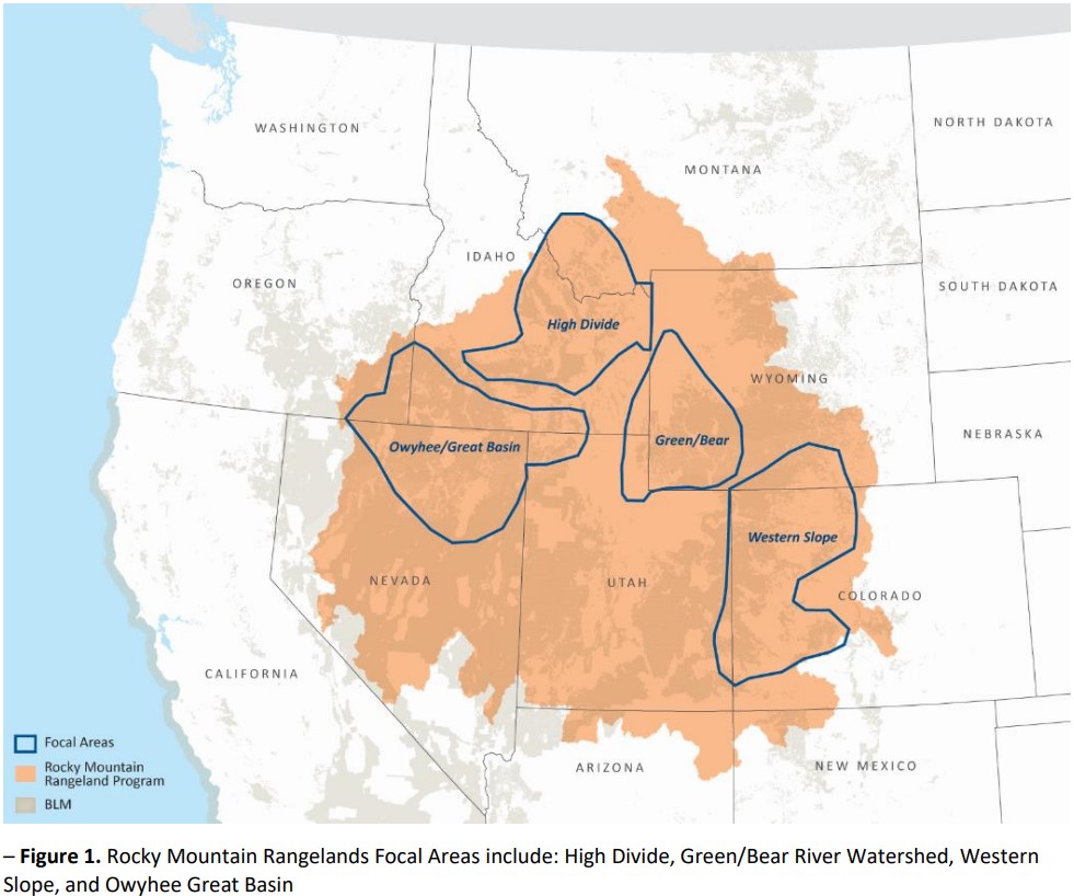 Map of the western United States with the footprint of the Rocky Mountain Regional Program highlighted in orange and focal areas outlined in blue.