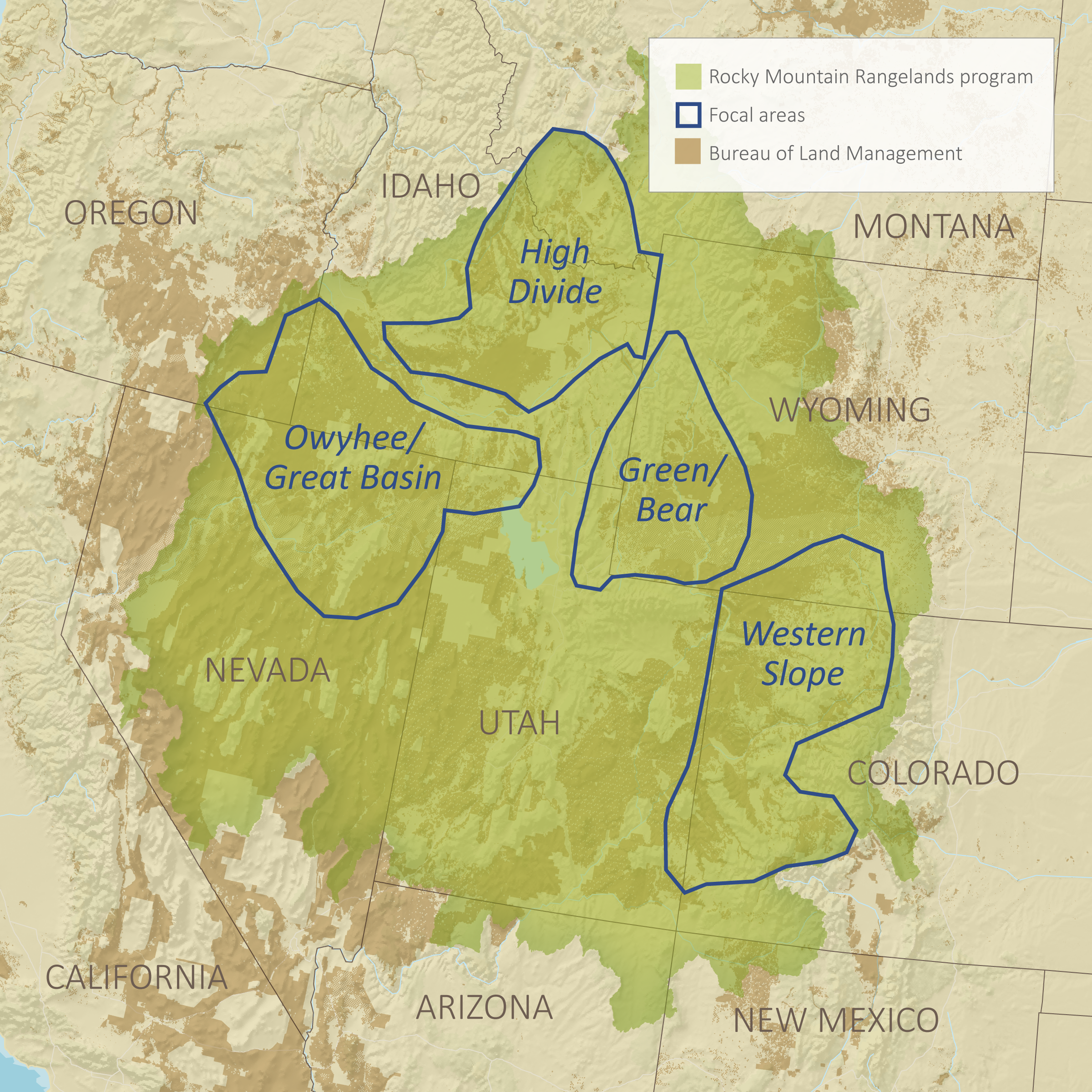 A map of NFWF's Rocky Mountain Rangelands business plan footprint, including portions of Oregon, Idaho, Montana, Wyoming, Colorado, Utah, New Mexico, Arizona, and Nevada. Four focal areas are highlighted in blue: Owyhee/Great Basin, High Divide, Green/Bear, and Western Slope.