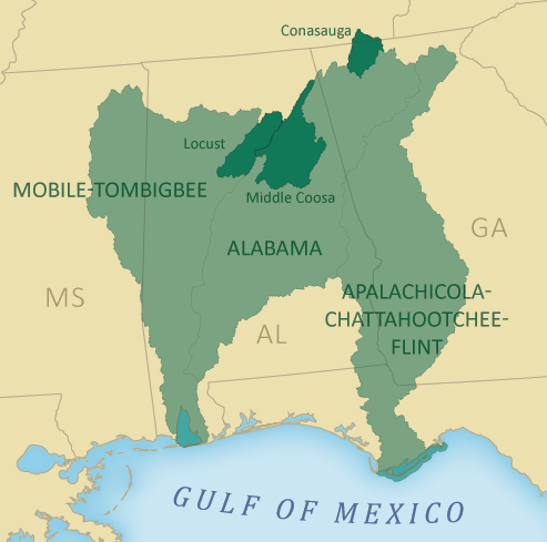 Map of Southeast Aquatics Fund geographic focal areas 1 and 2