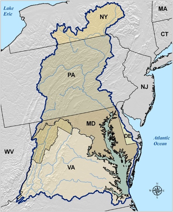 Map of the Chesapeake bay Watershed, color-coded to indicate which areas are within Delaware, Maryland, New York, Pennsylvania, Virginia, or West Virginia.