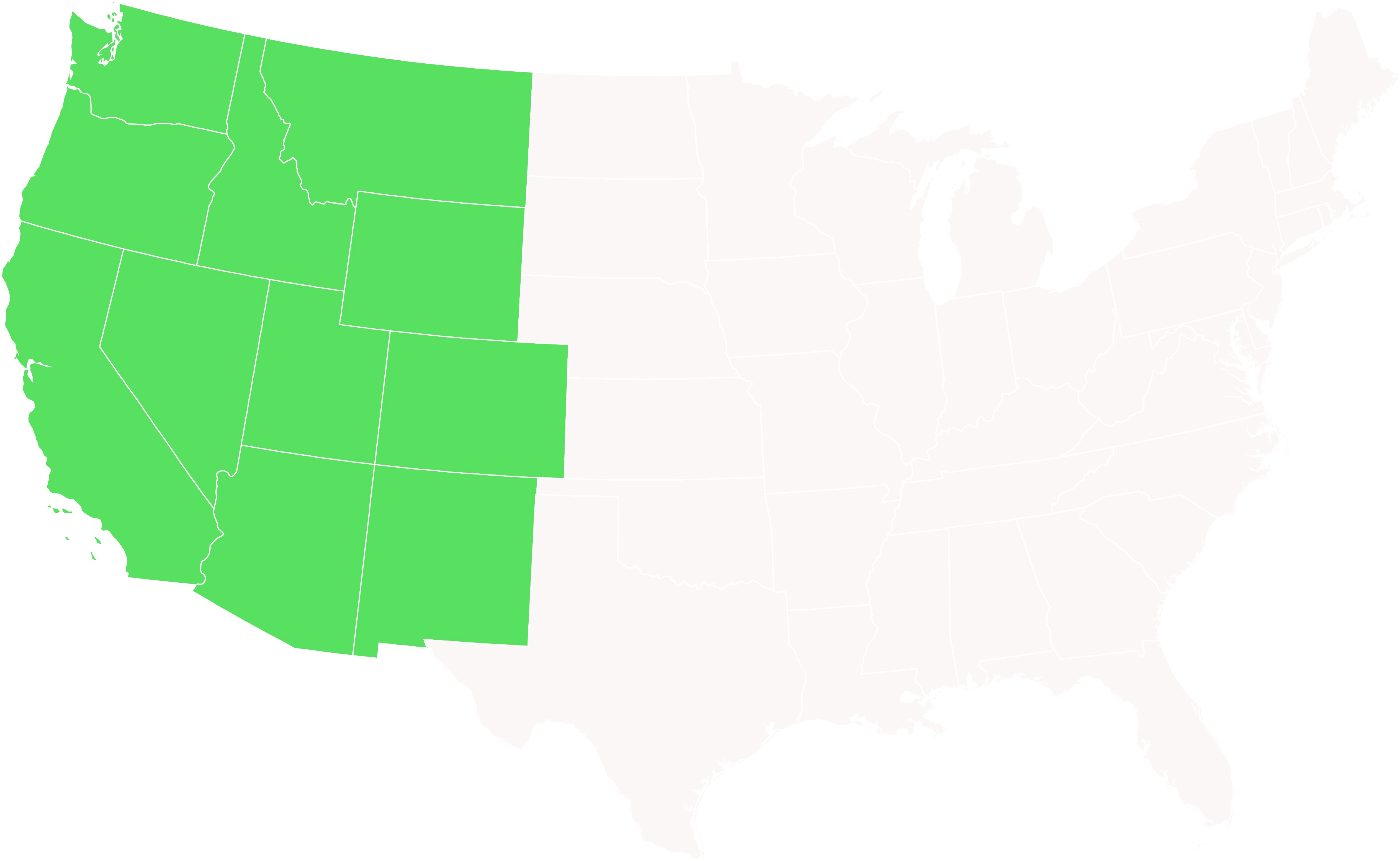 Map of the contiguous United States with Arizona, California, Colorado, Idaho, Montana, Nevada, New Mexico, Oregon, Utah, Washington, and Wyoming highlighted in green.