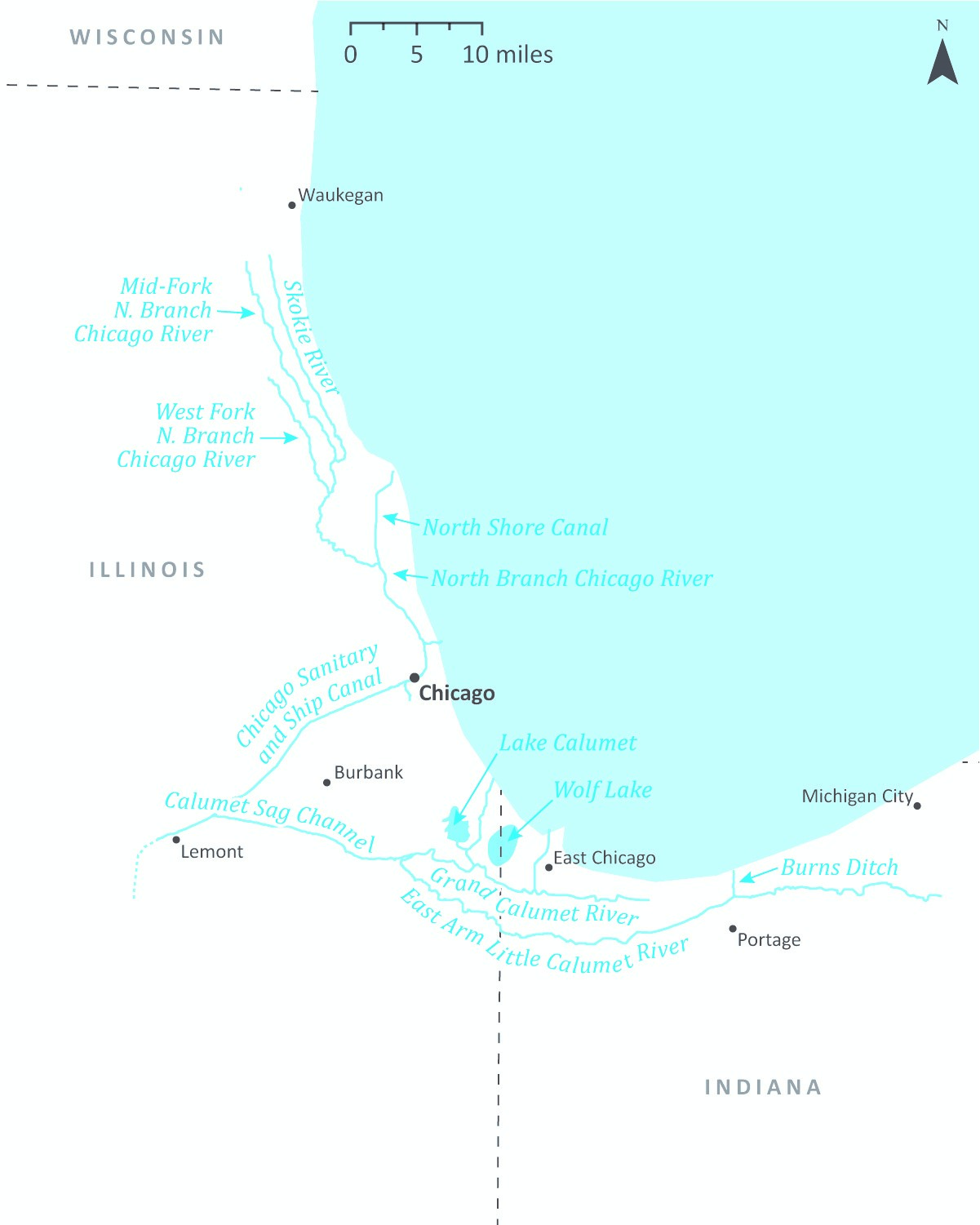 Map of Rivers surrounding Chicago that connect to Lake Michigan.