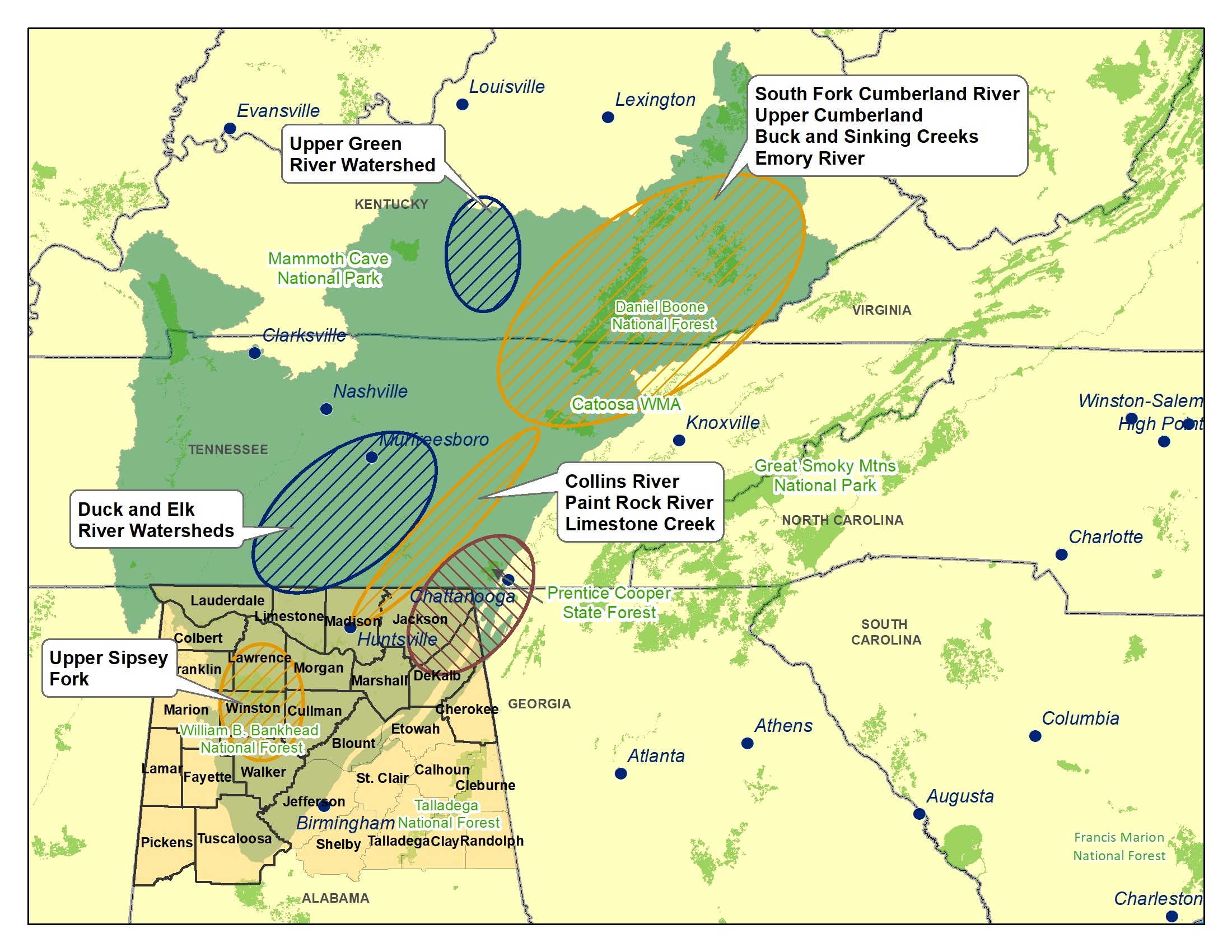 Map of Cumberland Plateau Stewardship Fund focal areas