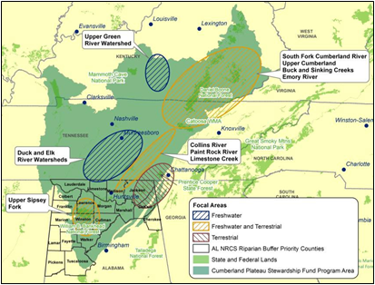 Map of the focal areas of the Cumberland Plateau Stewardship Fund