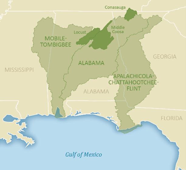 Map of Southeast Aquatics Fund geographic focal areas 1 & 2