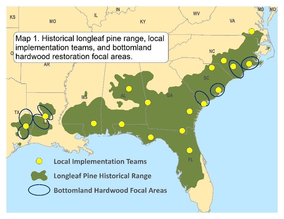 Map of the southeast US showing the historic range of longleaf habitat, locations of local implementation teams, and bottomland hardwood restoration focal areas.