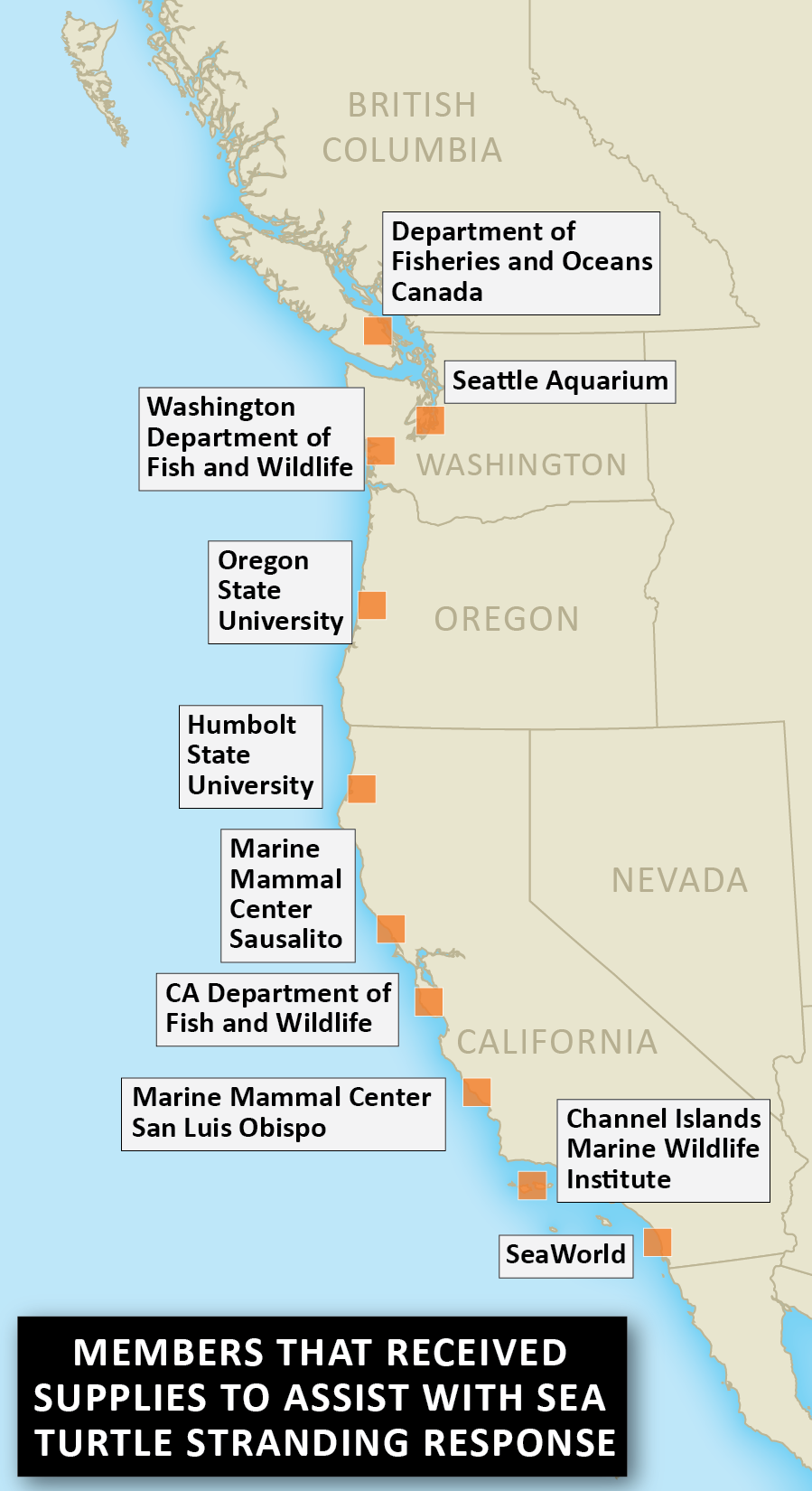 Map marking locations of Ocean Health Initiative grantees that received supplies to assist with sea turtle stranding response