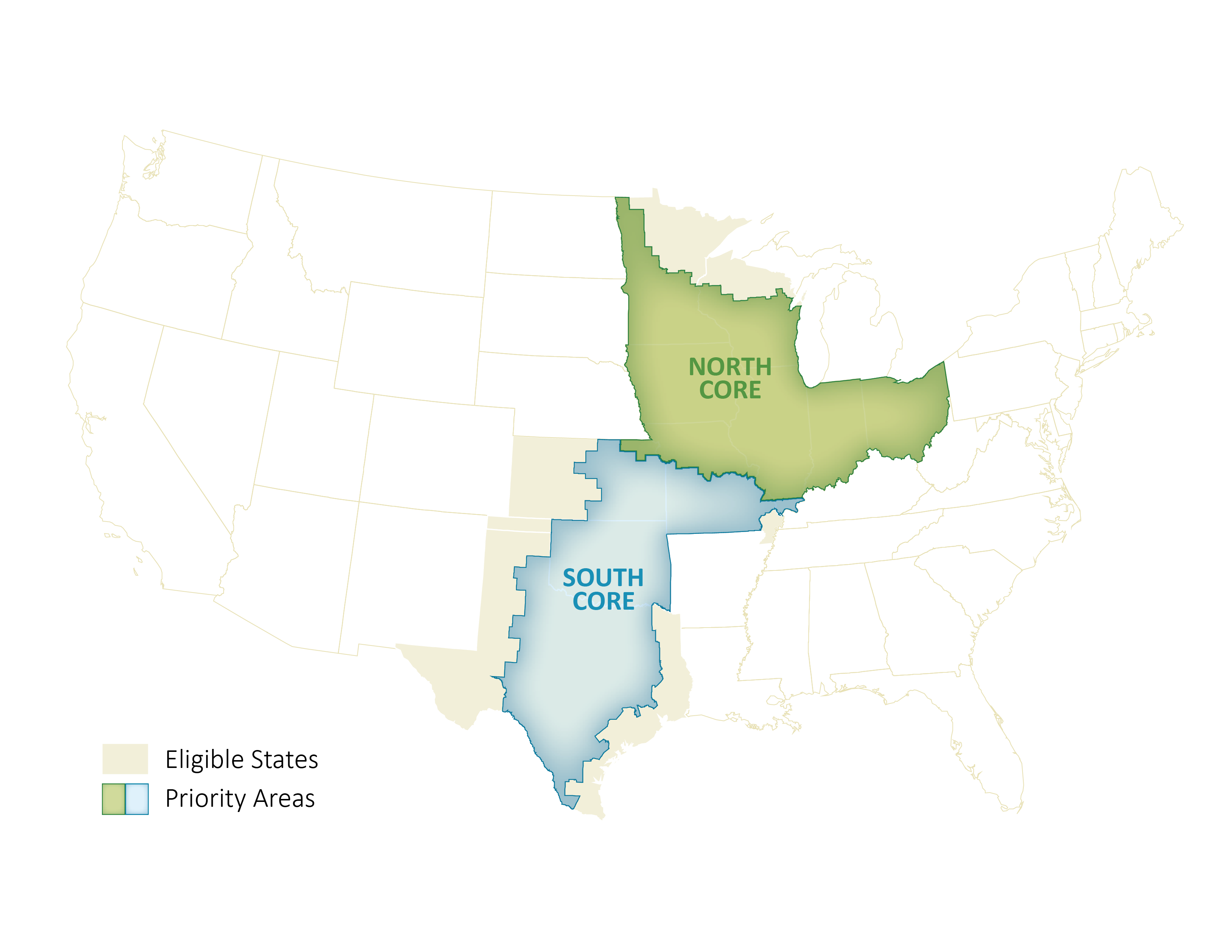 Map of United States with the priority locations in eligible states highlighted in green and blue.