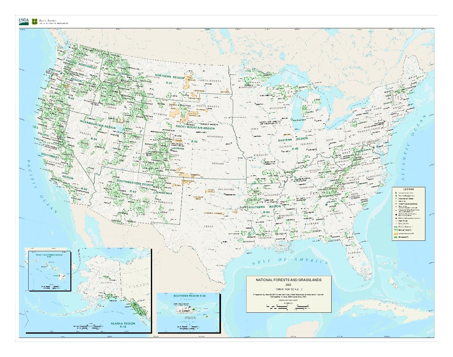 Figure 1: The Chief's Map shows all of the National Forests and Grasslands in the Forest Service. It has the name of the current chief of the Forest Service. The map contains other features such as streams, lakes, and Forest Service facilities and assets.
