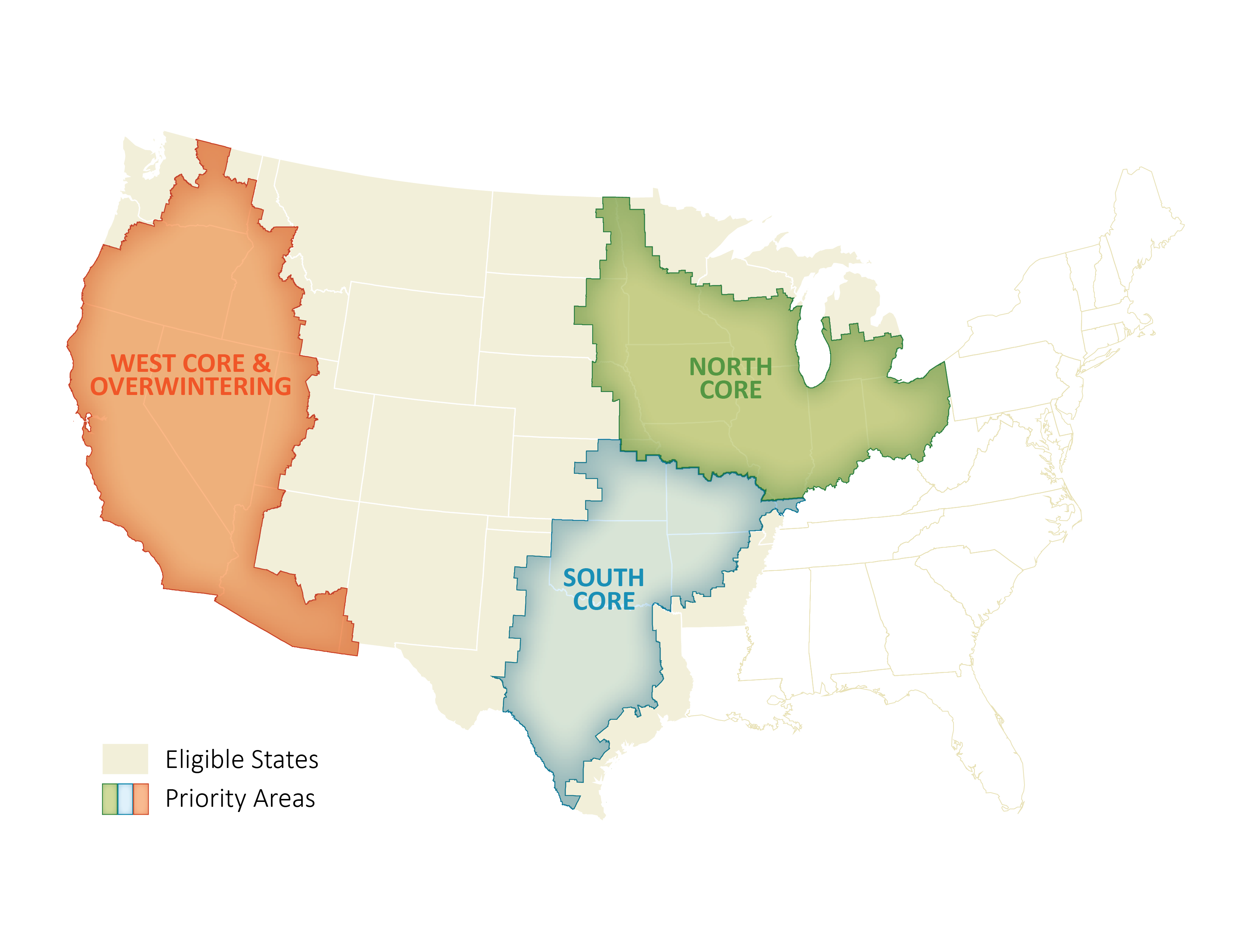 Picture of the United States with most of the West coast and states mentioned above highlighted orange, most of the northern states highlighted green, and most of the southern states listed highlighted blue.