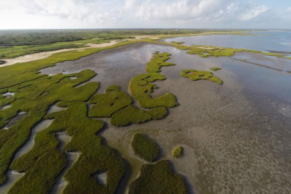An aerial view of the shoreline at Powderhorn Ranch in Texas