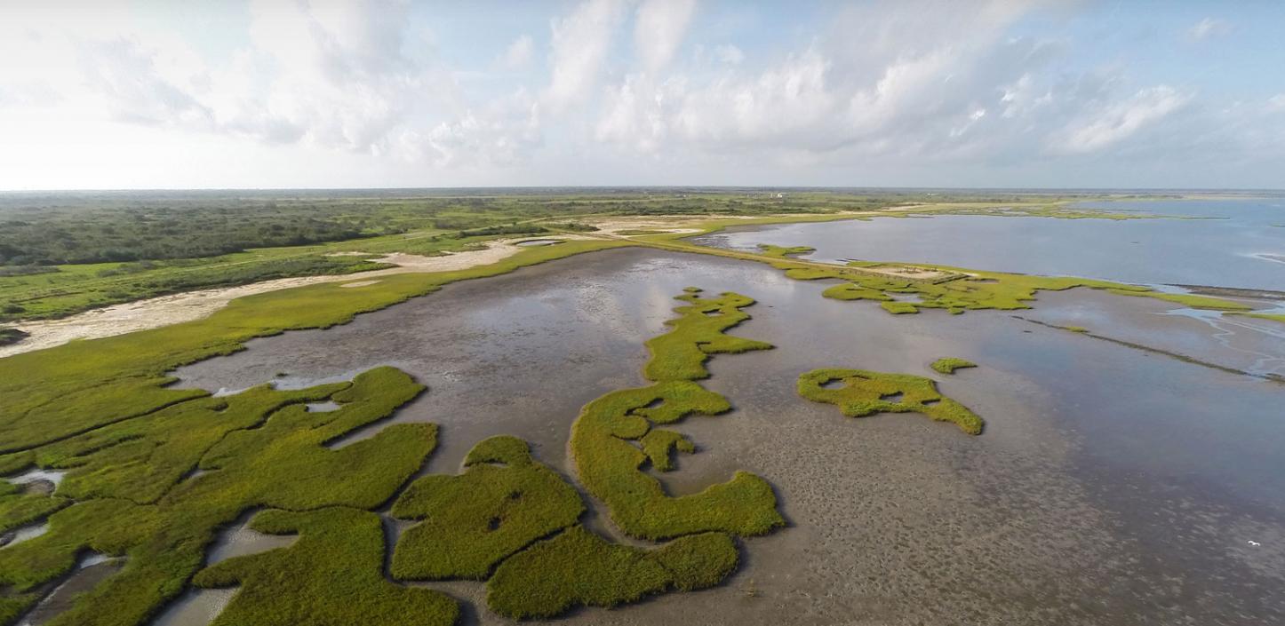 An aerial view of the shoreline at Powderhorn Ranch in Texas