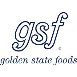 Golden State Foods logo featuring bold, cursive lowercase letters "gsf" above the text "golden state foods" in a smaller, elegant cursive font, all in dark blue.