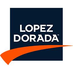 Lopez Dorada logo featuring bold, white uppercase text "LOPEZ DORADA" centered on a dark blue square background, with an orange swoosh curving upward below the text.
