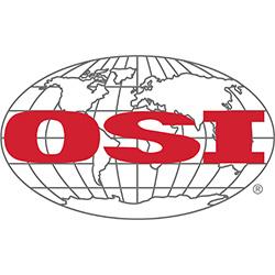 Logo of OSI featuring a red 'OSI' text overlaid on a black and white globe illustration.
