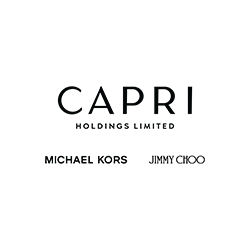 Capri Holdings Limited logo in black text on a white background, with the names of its luxury fashion brands Michael Kors and Jimmy Choo displayed below. Represents a global fashion group known for high-end apparel, accessories, and footwear.
