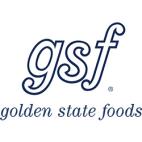 Golden State Foods logo featuring bold, cursive lowercase letters "gsf" above the text "golden state foods" in a smaller, elegant cursive font, all in dark blue.