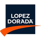 Lopez Dorada logo featuring bold, white uppercase text "LOPEZ DORADA" centered on a dark blue square background, with an orange swoosh curving upward below the text.