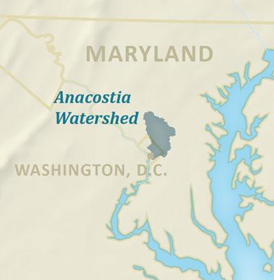 Map showing the Anacostia watershed in Maryland and Washington, D.C.