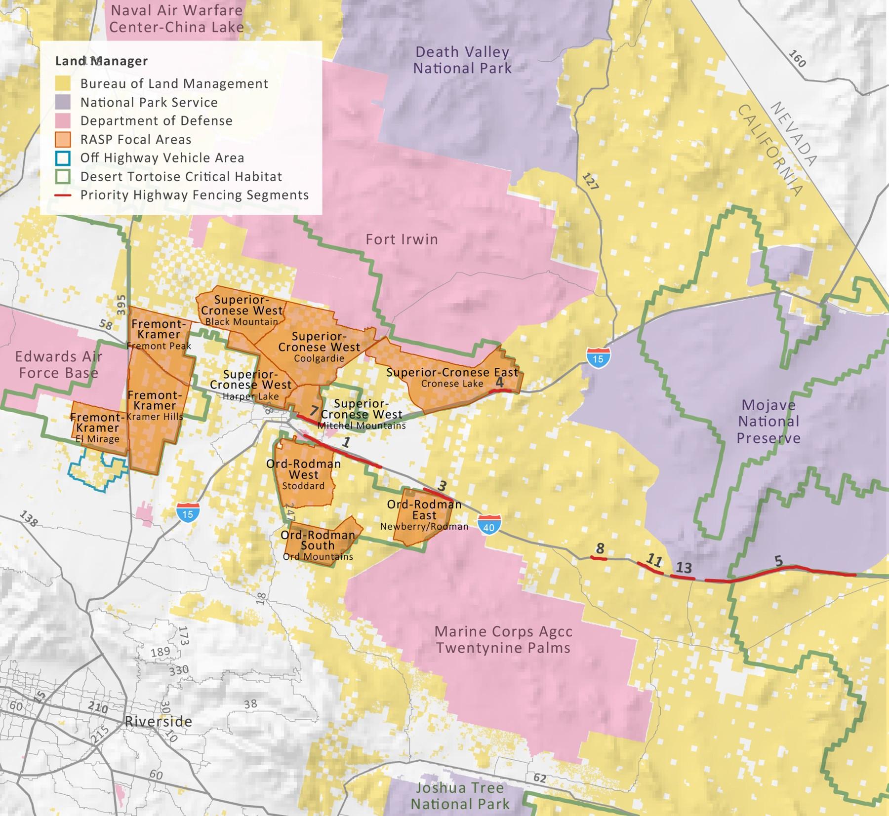 Figure 2. Mojave Desert Tortoise RASP Implementation Plan focal areas and priority highway fencing segments in the Western Mojave Recovery Unit. Priority fencing segments include: (1) I-40 Daggett to Newberry Springs, CA; (3) I-40 National Trails West of Pigsah, CA; (5) I-40 West of Van Winkle Wash to E of Essex Rd, CA; (7) I-15 North of Barstow, CA; (8) I-40 North of Black Ridge, CA; (11) I-40 Old Dad Mountains, CA; and (13) I-40 Kelbaker Rd, CA.