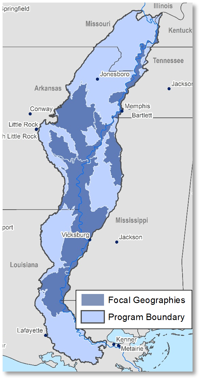 Map of the Lower Mississippi Alluvial Valley across seven states, with light blue showing the program boundary and dark blue showing focal geographies.