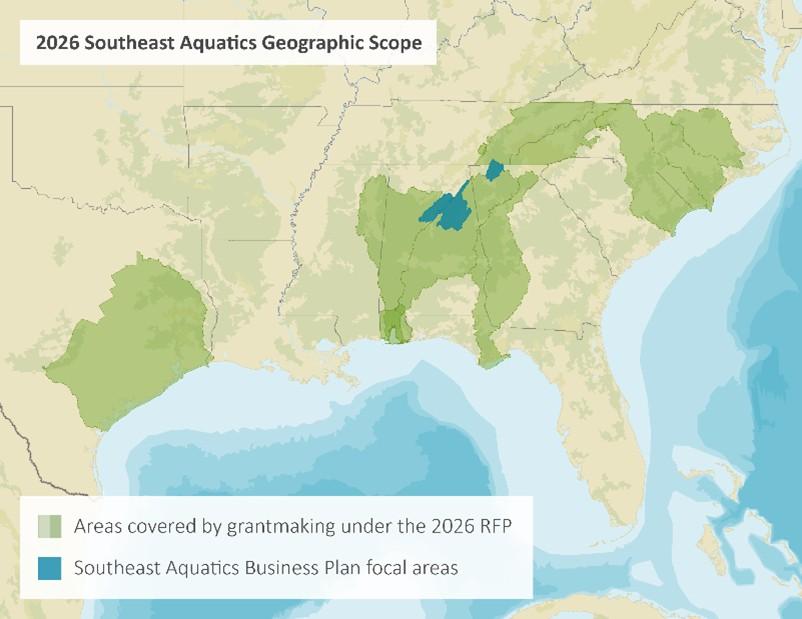 Map titled "2026 Southeast Aquatics Geographic Scope" showing the southeastern United States. Green shading indicates areas covered by grantmaking under the 2026 RFP. Blue shading highlights the Southeast Aquatics Business Plan focal areas.