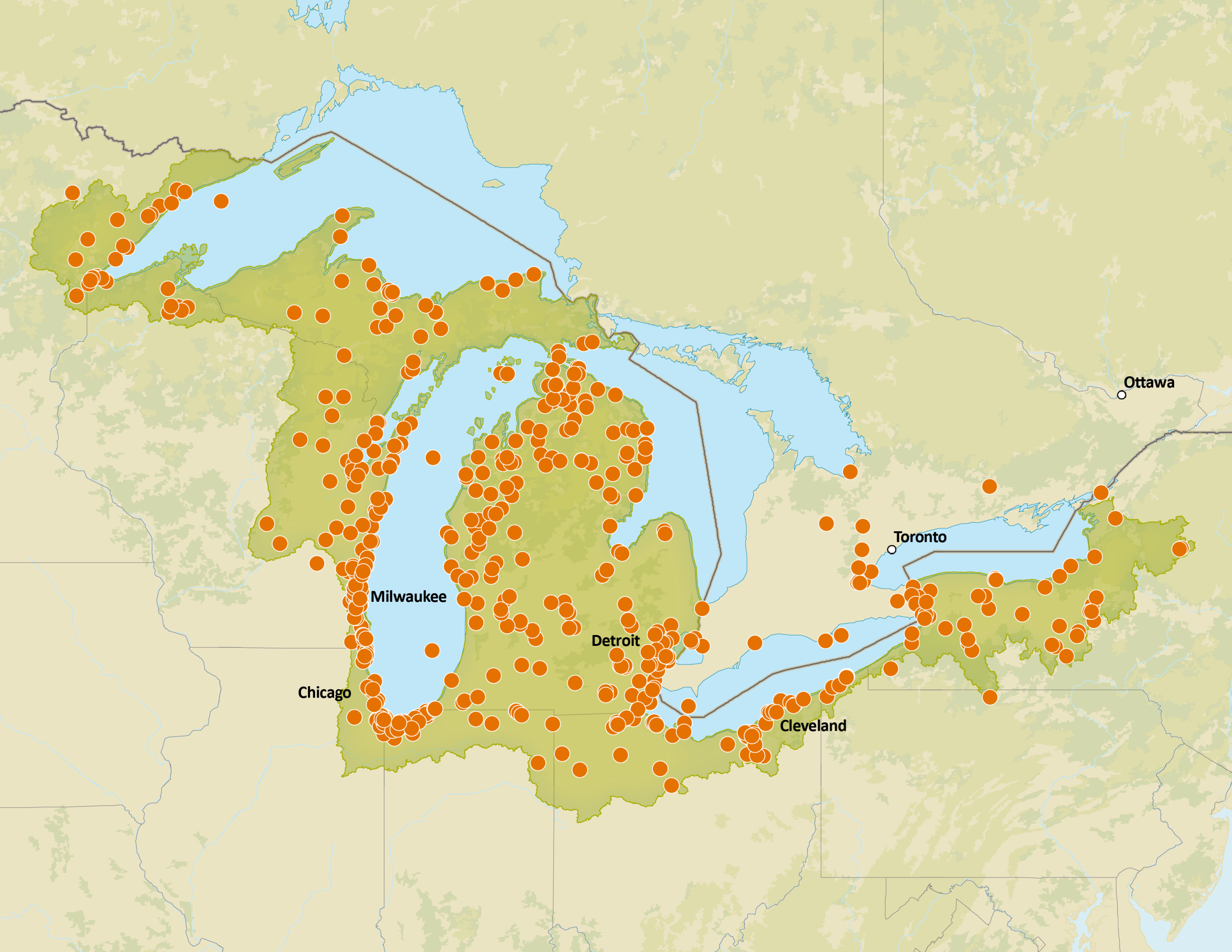 Map of the Great Lakes region in the United States and Canada highlighting the Sustain Our Great Lakes (SOGL) boundary in light green. Numerous orange dots mark project locations across Wisconsin, Michigan, Illinois, Indiana, Ohio, Pennsylvania, New York, and Ontario, Canada, with dense clusters around Lake Michigan, Lake Huron, and southern Ontario. Major cities labeled include Chicago, Milwaukee, Detroit, Cleveland, Toronto, and Ottawa.