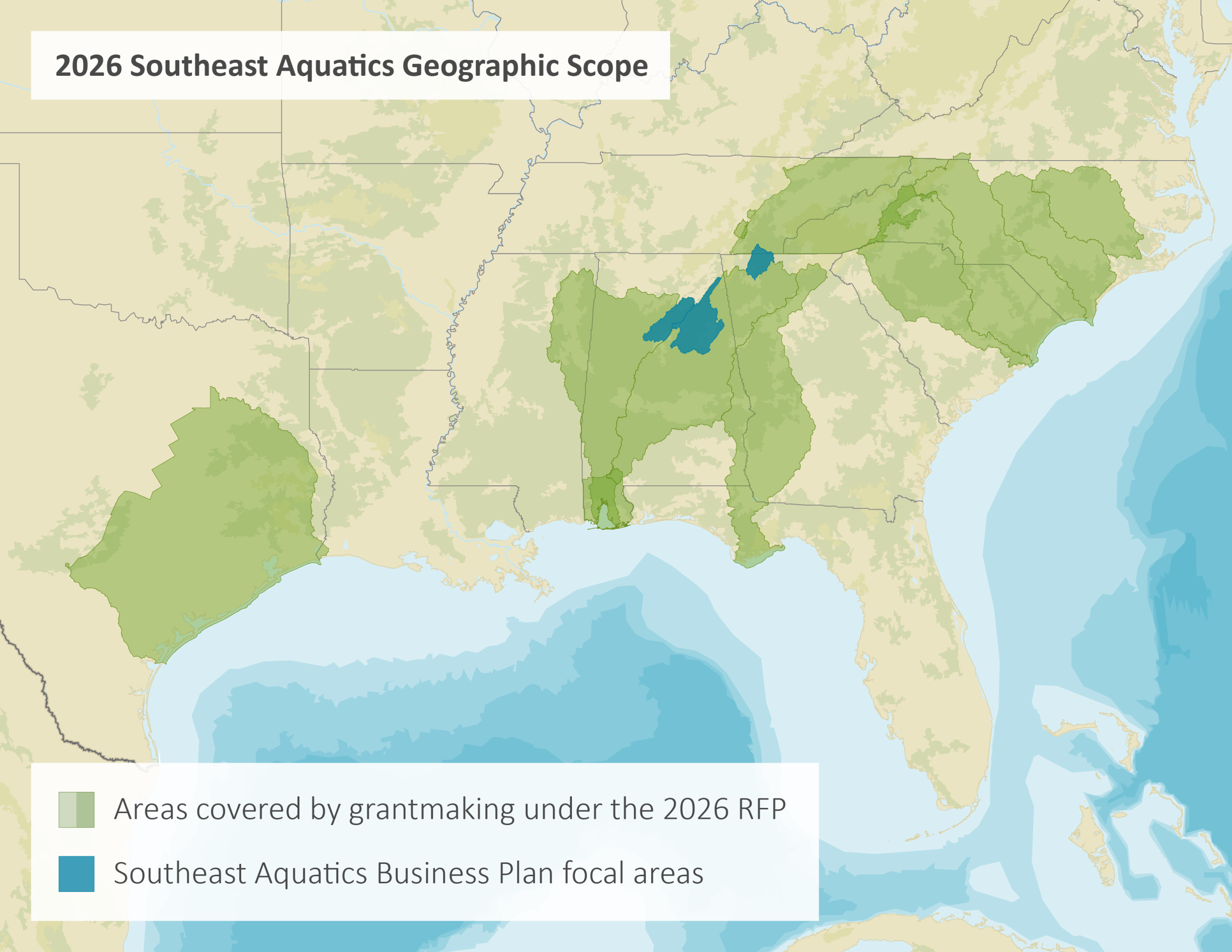 Map titled “2026 Southeast Aquatics Geographic Scope” showing the southeastern United States. Green shading marks areas covered by grantmaking under the 2026 RFP, while blue shading marks the Southeast Aquatics Business Plan focal areas.