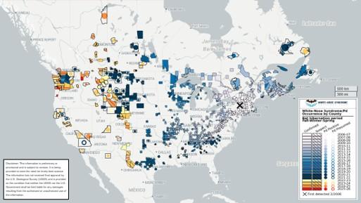 Map of white-nose syndromes by county.