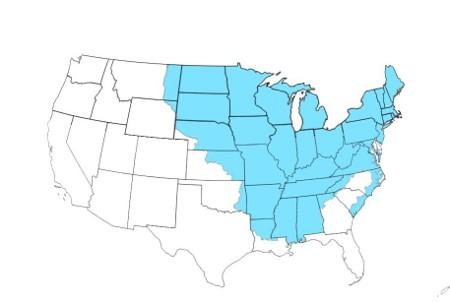 A range map of the northern long-eared bat which extends from southeastern United States into Western Canada.